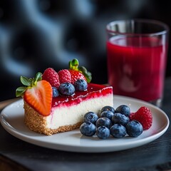 Slice of cheesecake topped with fresh berries and a glass of juice.