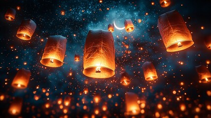 Hundreds of lanterns floating into the night sky
