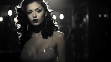 
A glamorous woman with dark, wavy hair and bold lipstick stands in a dimly lit, smoky room, exuding classic film noir allure.