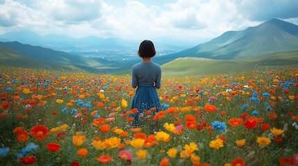 Fototapeta premium Woman in a blue dress standing in a field of colorful wildflowers, with mountains and a cloudy sky in the background.