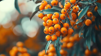   A sharp focus of several oranges hanging from a tree against a leafy backdrop and hazy sky