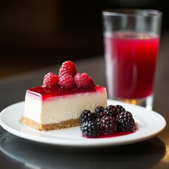 Slice of cheesecake with raspberries and blackberries on a plate with a glass of red juice.