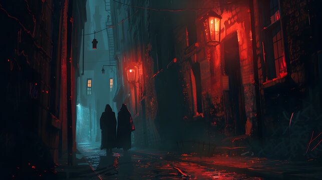 Nightmarish illustration of a dark alley with shadowy figures and eerie lights