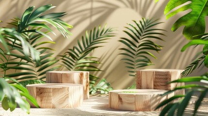 Eco-friendly tropical product presentation with wooden podiums and green palm leaves.