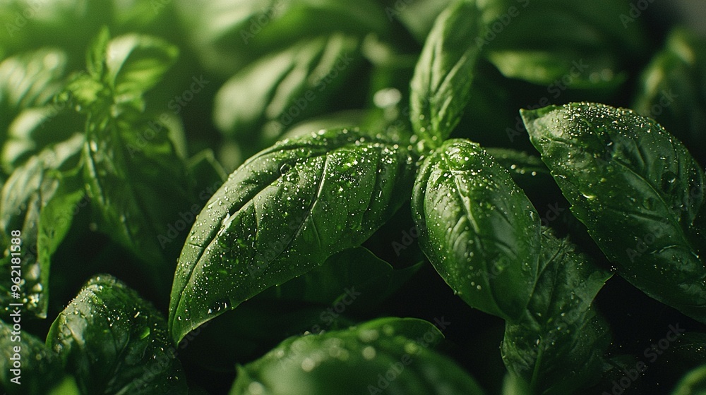 Canvas Prints   A macro shot of verdant foliage, adorned with water beads on both leaves and stems