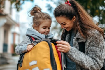 Obraz premium A mother helping her child pack a backpack for the first day of school