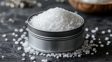sleek silver tin of celtic sea salt blend a gourmet and exotic salt concept for food connoisseurs, presented in a banner