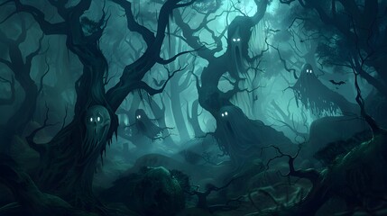 Nightmarish illustration of a haunted forest with ghostly apparitions and dark shadows