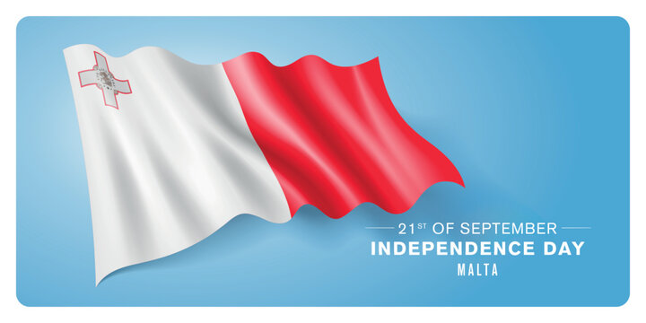 Malta independence day vector banner, greeting card. Maltese wavy flag in 21st of September patriotic holiday horizontal design with realistic flag