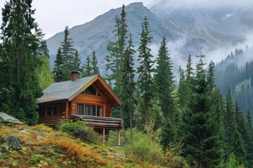 Cabin tucked in trees and mountains