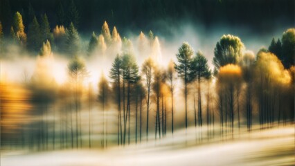 Foggy forest landscape with blurred trees and soft golden light in a dreamy atmosphere