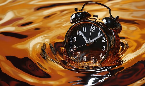 Classic Alarm Clock Submerged in Golden Liquid