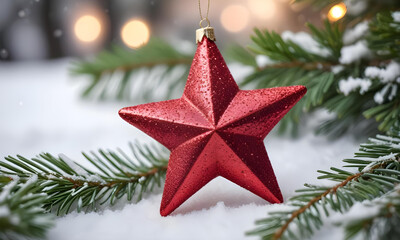 A red glittery star ornament on a snowy surface with blurred green pine branches in the background
