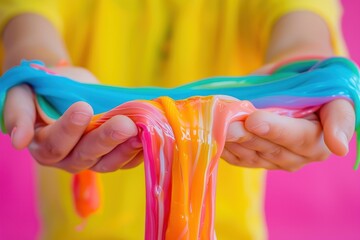 Child making colorful slime at home DIY