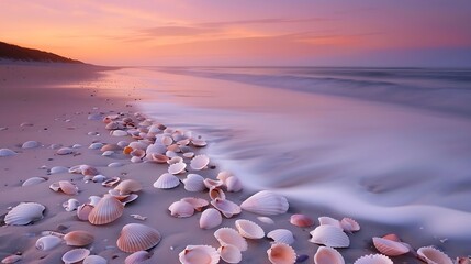 Obraz premium A secluded beach at dawn, with the first light of the day casting a soft pink and orange glow over the sand and waves, and seashells scattered along the shore, evoking a peaceful and dreamy mood