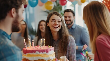 A medium to long shot of young office workers celebrating a birthday.