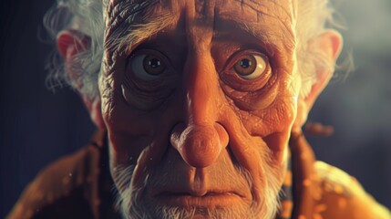 Obraz premium An expressive sculpture of an elderly man with wide, intense eyes, capturing a deep sense of emotion and curiosity. The finely detailed features and warm lighting give the piece a lifelike quality