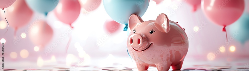 Wall mural A cheerful piggy bank surrounded by colorful balloons, symbolizing savings, celebrations, and financial joy.