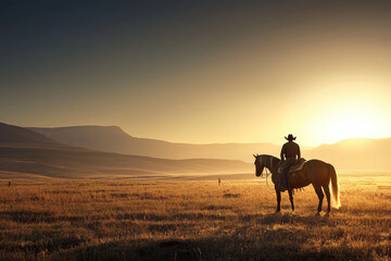 A lone cowboy, silhouetted against a fiery sunset, stands with his horse in a vast, golden field. The horizon stretches into the distance, promising adventure.