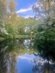 beautiful blue lake in the park, trees reflection on the lake surface
