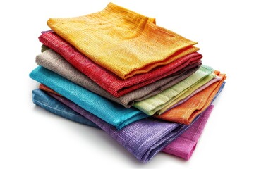 Colorful dish towels with shadow isolated on white Multi colored linen napkins for restaurant Mock up design Top view close up