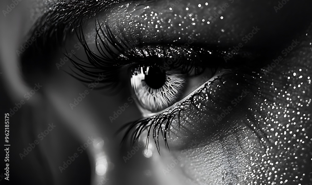 Poster close-up of a woman's eye with glitter and long eyelashes