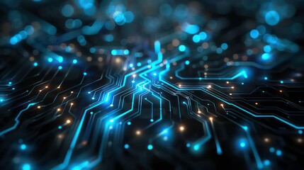 Abstract glowing circuit board with blue and yellow lights on a black background.