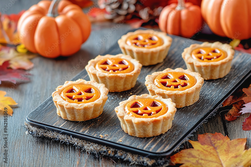 Wall mural Mini Jack-O-Lantern Tarts arranged on a black slate board with Halloween-themed props