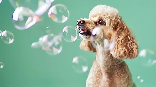 Playful poodle dog interacting with floating soap bubbles against a green background, looking curious and happy