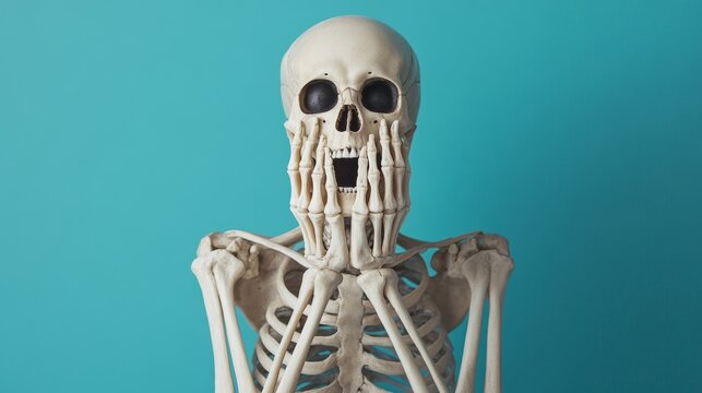 A human skeleton with its hands on its face appears surprised or amazed, set against a vivid blue backdrop