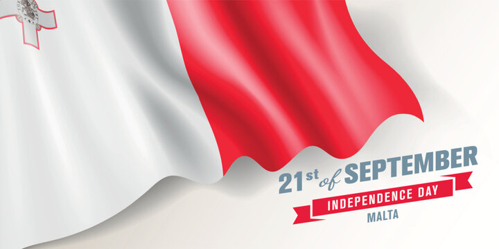 Malta independence day vector banner, greeting card. Maltese wavy flag in 21st of September national patriotic holiday horizontal design