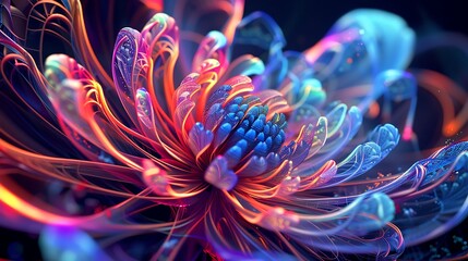 Obraz premium A 3D surreal flower composed of organic, curved lines, twisting in intricate patterns, with vibrant neon colors highlighting its surrealistic form