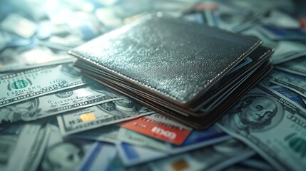 A wallet sits atop a pile of cash, symbolizing wealth and financial security in a vibrant, dynamic setting.