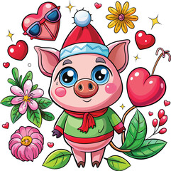 Cute Cartoon Pig with Santa hat, butterflies, heart, glasses, Flower  on white background. Vector illustration.