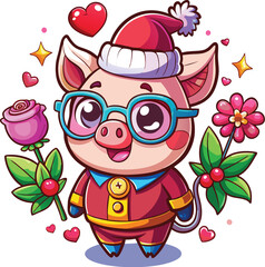 Obraz premium Cute Cartoon Pig with Santa hat, butterflies, heart, glasses, Flower on white background. Vector illustration.