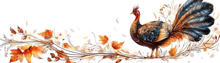 Colorful turkey surrounded by autumn leaves, perfect for Thanksgiving celebrations and fall-themed decorations.