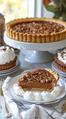 Deliciously arranged Thanksgiving dessert display featuring pecan pie and whipped cream, perfect for festive celebrations