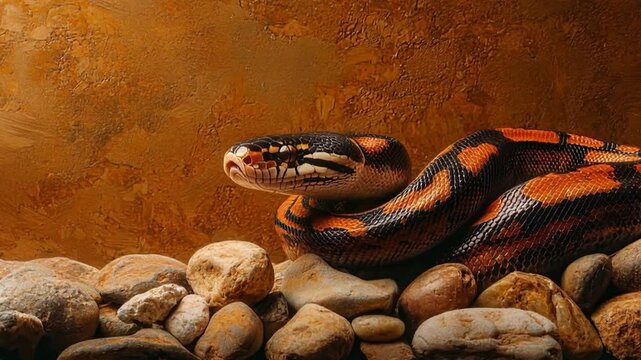 Ball python snake resting on a bed of pebbles against a warm, textured brown background, showcasing its natural patterns and colors