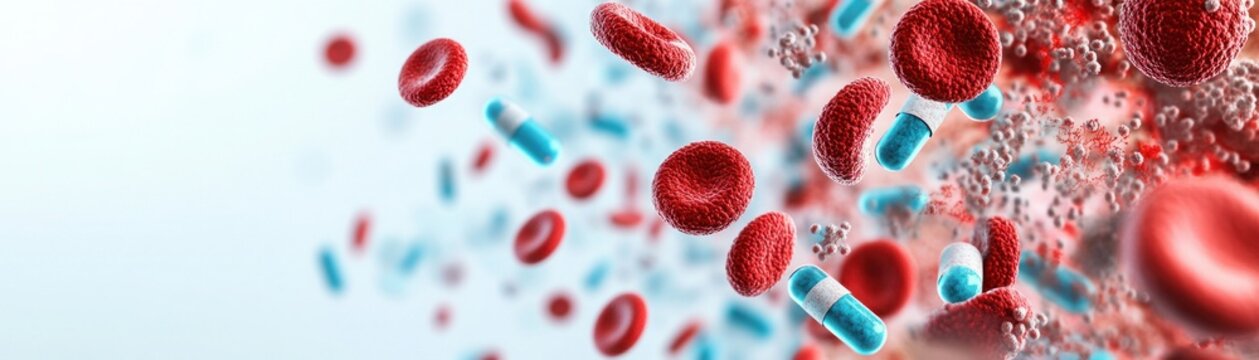 Antibiotics combating sepsis in bloodstream, bloodstream infection visualized, 3D render, high detail, isolated on white background