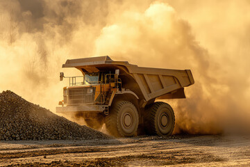 Obraz premium A Giant Dump Truck Churns Up Dust While Unloading Gravel at a Construction Site, Creating a Dramatic Scene.