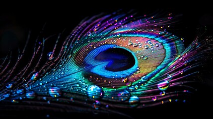 Naklejka premium A glowing peacock feather with water droplets glistening on its surface, set against a black background, radiating soft, neon colors