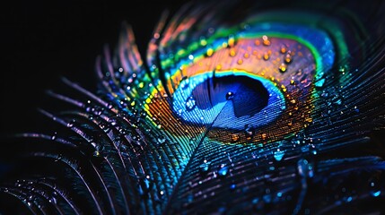 Naklejka premium A glowing peacock feather with water droplets glistening on its surface, set against a black background, radiating soft, neon colors