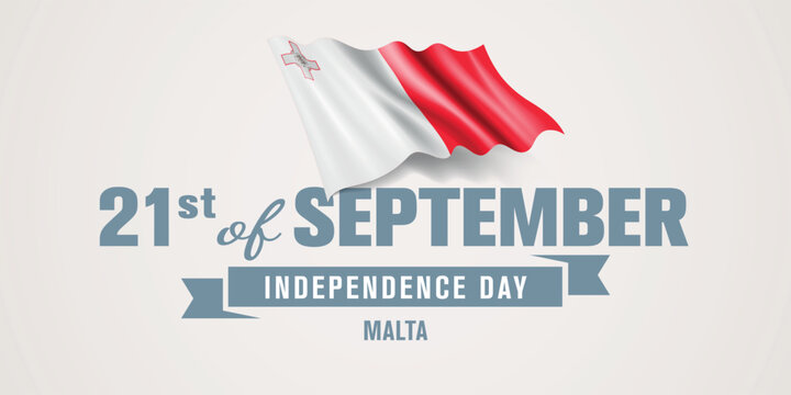 Malta happy independence day greeting card, banner vector illustration. Maltese national holiday 21st of September design element with realistic flag