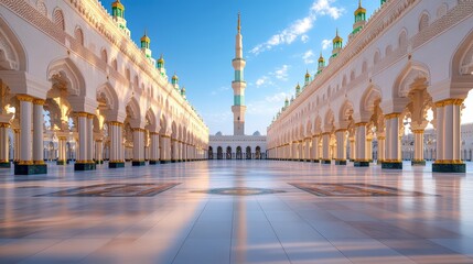 Fototapeta premium A stunning view of a grand mosque's interior, with intricate architecture and a serene atmosphere under a clear blue sky.