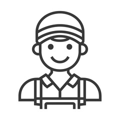 Line Art Illustration of a Smiling Worker Wearing a Cap and Overalls