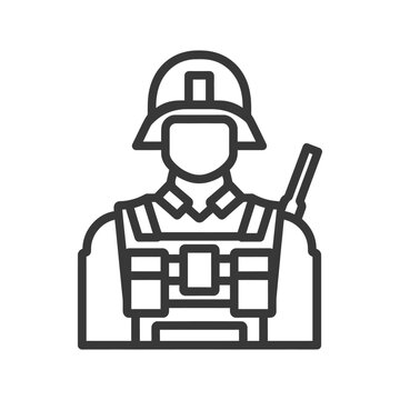 recommend clip art: Line art illustration of a soldier wearing a helmet and carrying a rifle