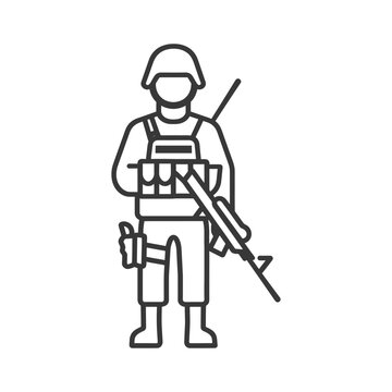 recommend clip art: Line art illustration of a soldier with a rifle and helmet