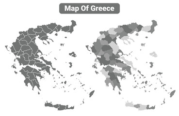 Greyscale Greece political map with borders outline style vector illustration set
