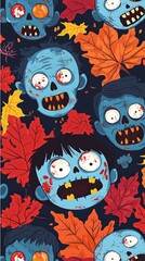 Whimsical cartoon illustration of blue, smiling zombies with yellow teeth amidst colorful autumn leaves, balancing eerie elements with playful visual aesthetics.