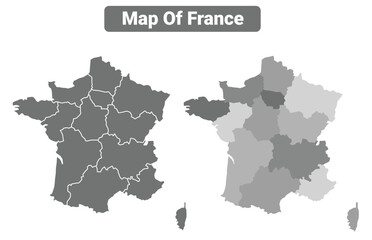 Greyscale France political map with borders outline style vector illustration set
